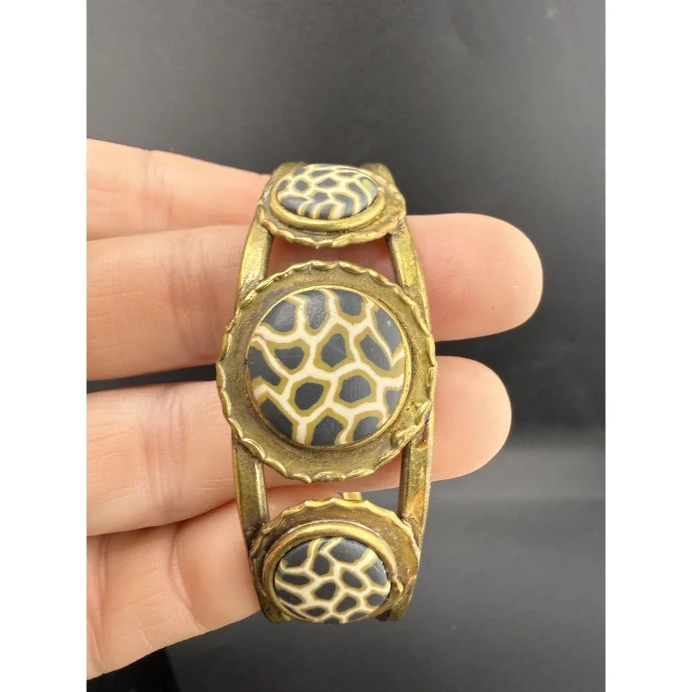 Vintage Bangle Bracelet Dangle Earrings Set‎ Clay Inlay Brass Tone 6.5